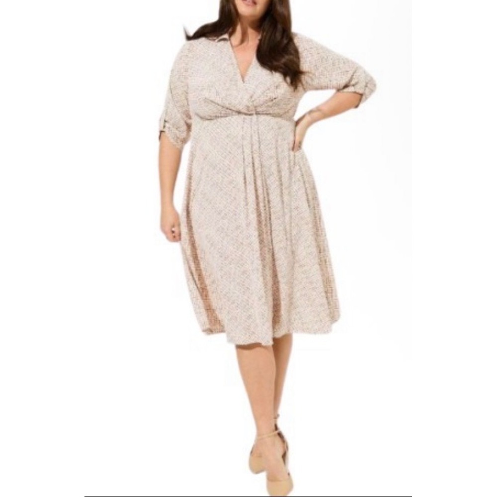 Torrid 2 Plus Neutral Grid Print Midi Faux Wrap Shirt Dress Roll Sleeve 2x 18 20